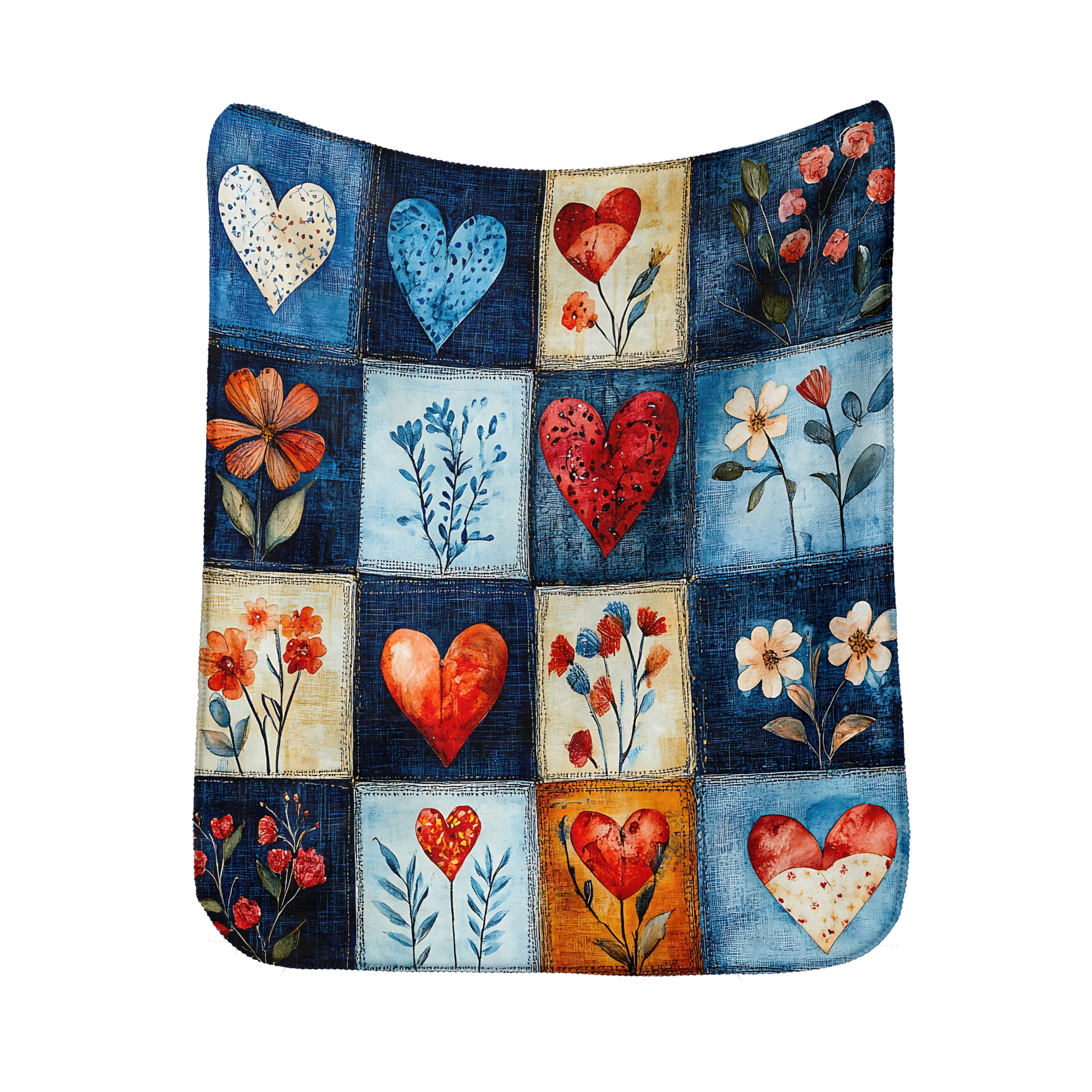Sherpa Fleece Twin Blanket 60"x80" Reversible Plush Fluffy Blanket, Double-Layer Super Soft Flannel Blanket for Sofa, Couch, Bed, Patchwork Floral & Heart Pattern