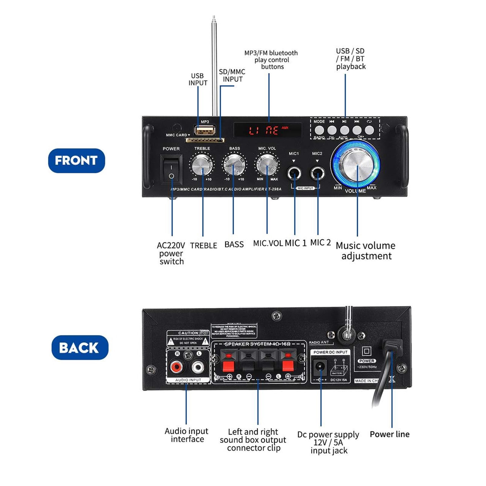HIFI Bluetooth Amplifier Home Car Sound Audio Processor Home Theater Amplifiers Music Player With Remote Control