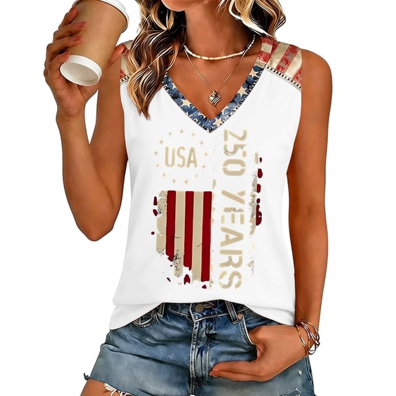 250 Anniversary Shirt for Women V Neck Sleeveless Tank Top Patriotic Vest 250th Anniversary USA Flag Tee 1776-2026 Gift White XXL