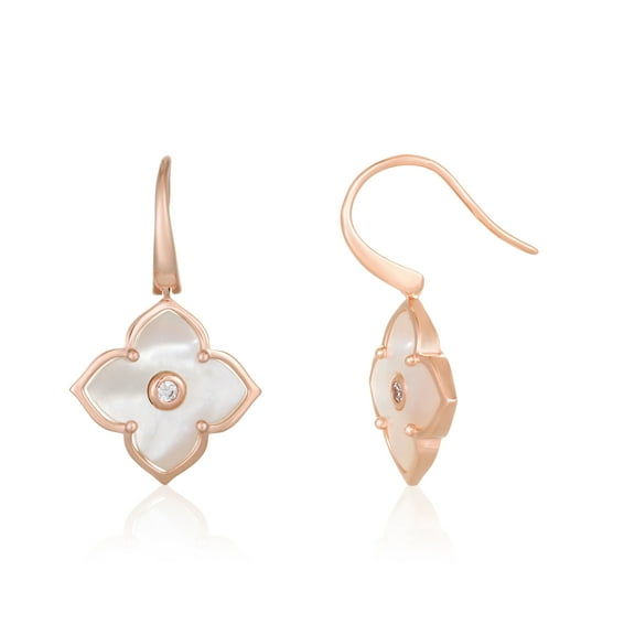 Pink Mother of Pearl Onyx Flower Drop Earrings in 925 Sterling Silver with Rose Gold Plating Fishhook 16 mm by Lavari Jewelers