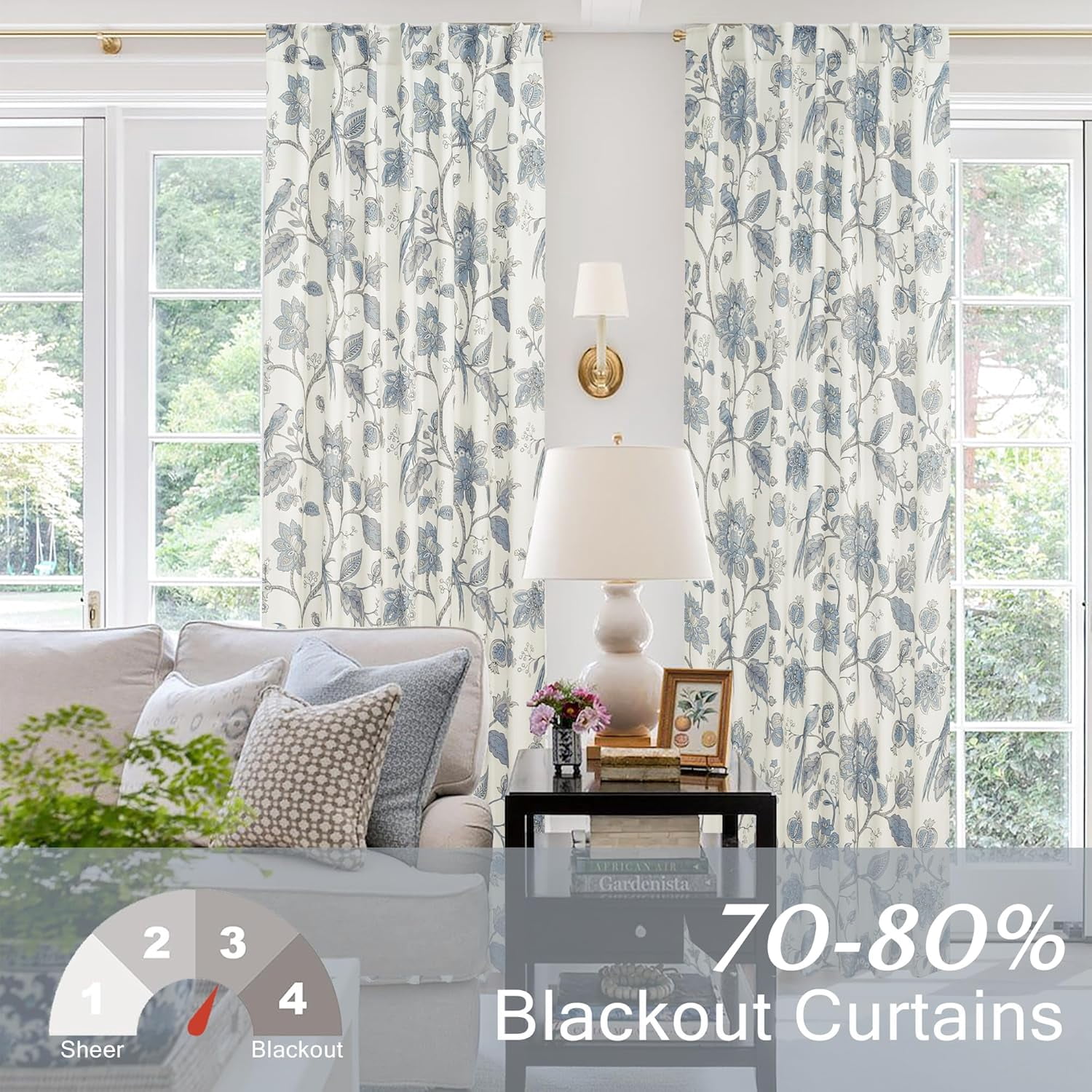 Room Darkening Light Blue Curtains 63 Inch Length for Bedroom Living Room,Vintage Floral Serena Curtain Drapes 63 Inches Long 2 Panels Set