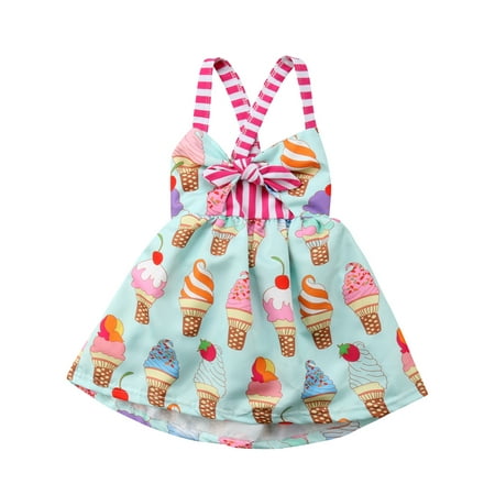 

Newborn Baby Girls Summer Sleeveless Dress Ice Cream Print Bowknot Halter Sundress Clothes