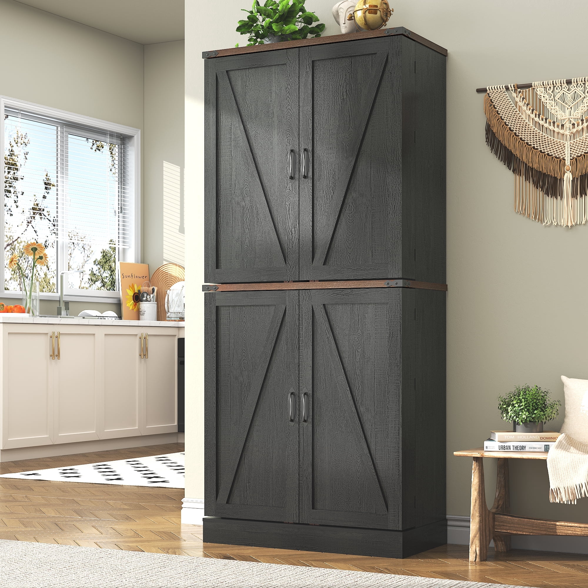 71" Tall Farmhouse Kitchen Pantry with 12 Side Shelves & Adjustable Shelves, 5 Layers Pantry Storage Cabinet w/Load-Bearing Steel Pipe & 4 Barn Doors for Kitchen, Dining Room, Living Room, Black