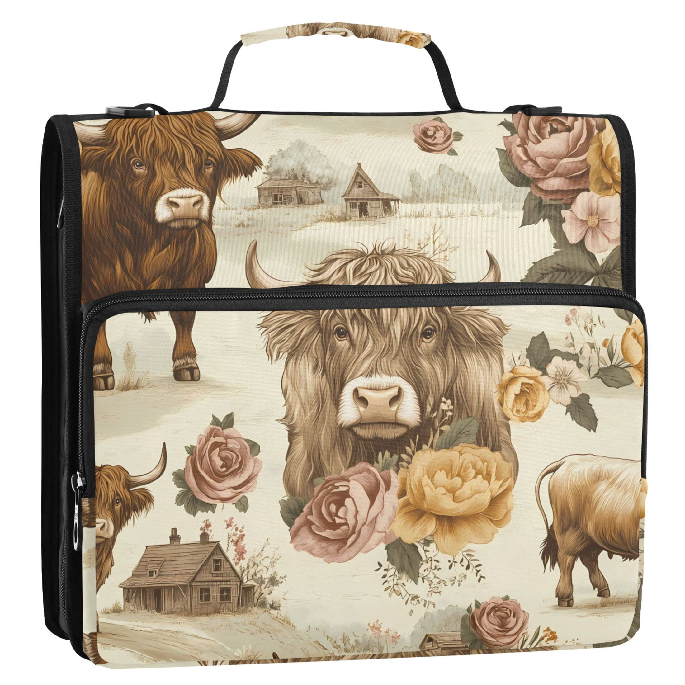 ALAZA Zipper Binder Highland Cattle Flower-w1 3 Ring Trapper Keeper File Folder Organizer Bag