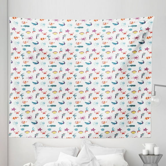 Deep Sea Tapestry, Pattern of Doodle Style Sea Creatures on a Plain Background Nautical Elements, Fabric Wall Hanging Decor for Bedroom Living Room Dorm, 5 Sizes, Multicolor, by Ambesonne