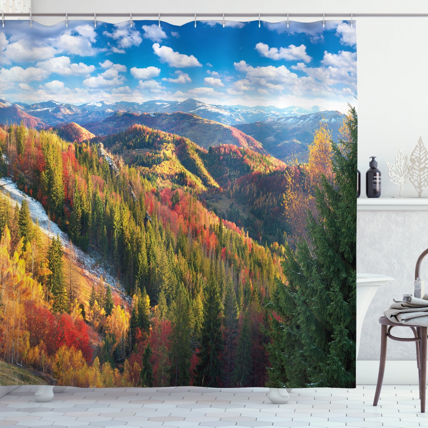 Aspen Tree Shower Curtain, Carpathians Autumn Mountains Valley Forest Idyllic Highlands Sunrise
