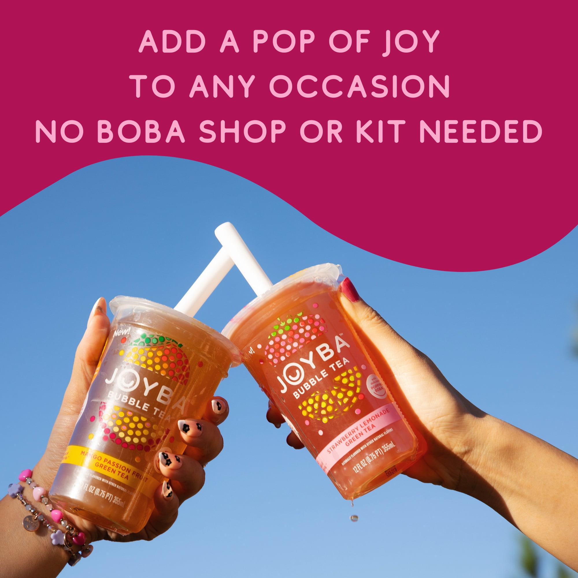 Joyba Strawberry Lemonade Green Tea Bubble Tea, 12 fl oz Cup (Pack of 4)