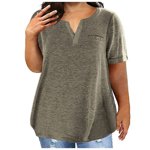Ladies Top V Neck Fashion Solid Color Short Sleeve Pocket Loose T Shirt