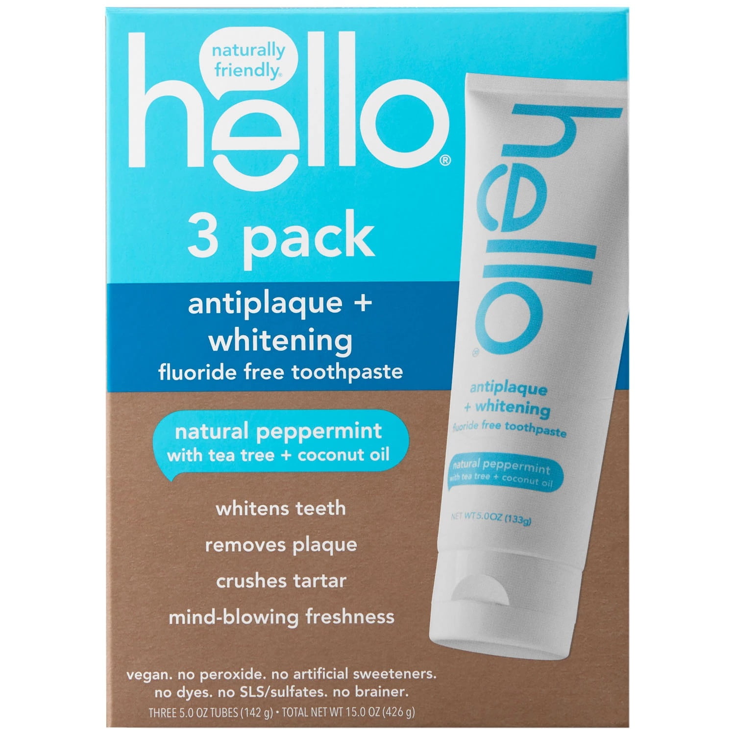 hello Antiplaque + Whitening Fluoride Free Toothpaste, 5 Ounce (Pack of