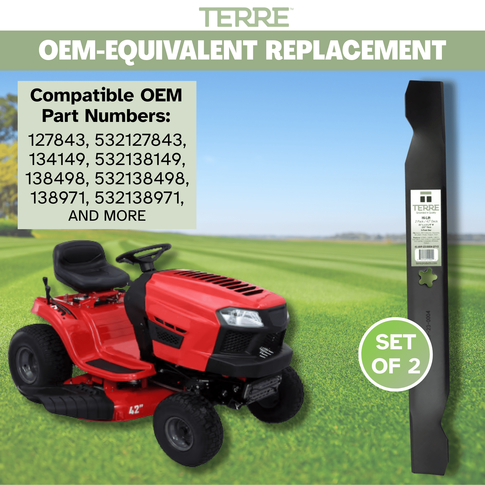 Terre 42 Inch Hi Lift Lawn Mower Blades for Ariens, Craftsman, Husqvarna