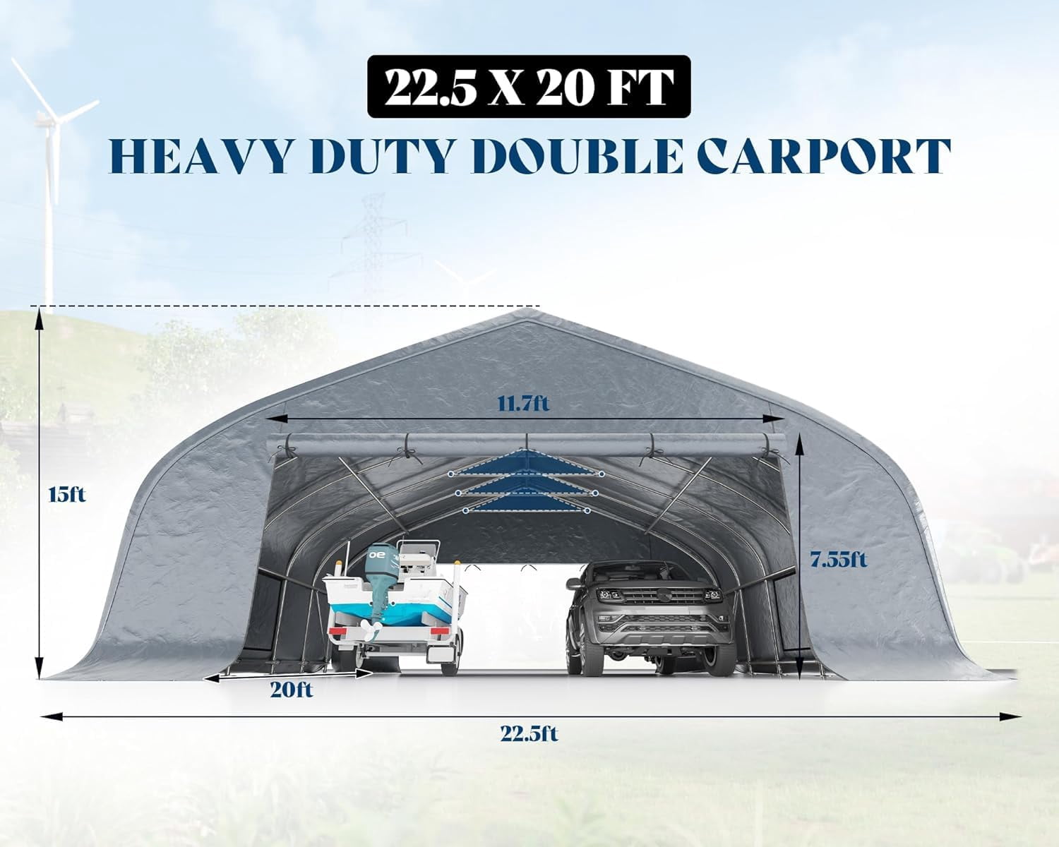 Amerlife 22.5'×20' Heavy Duty Double Carport, Galvanized Steel Frame Garage Shelter, Outdoor Storage, Waterproof 3-Layer PE Cover, Silver Gray