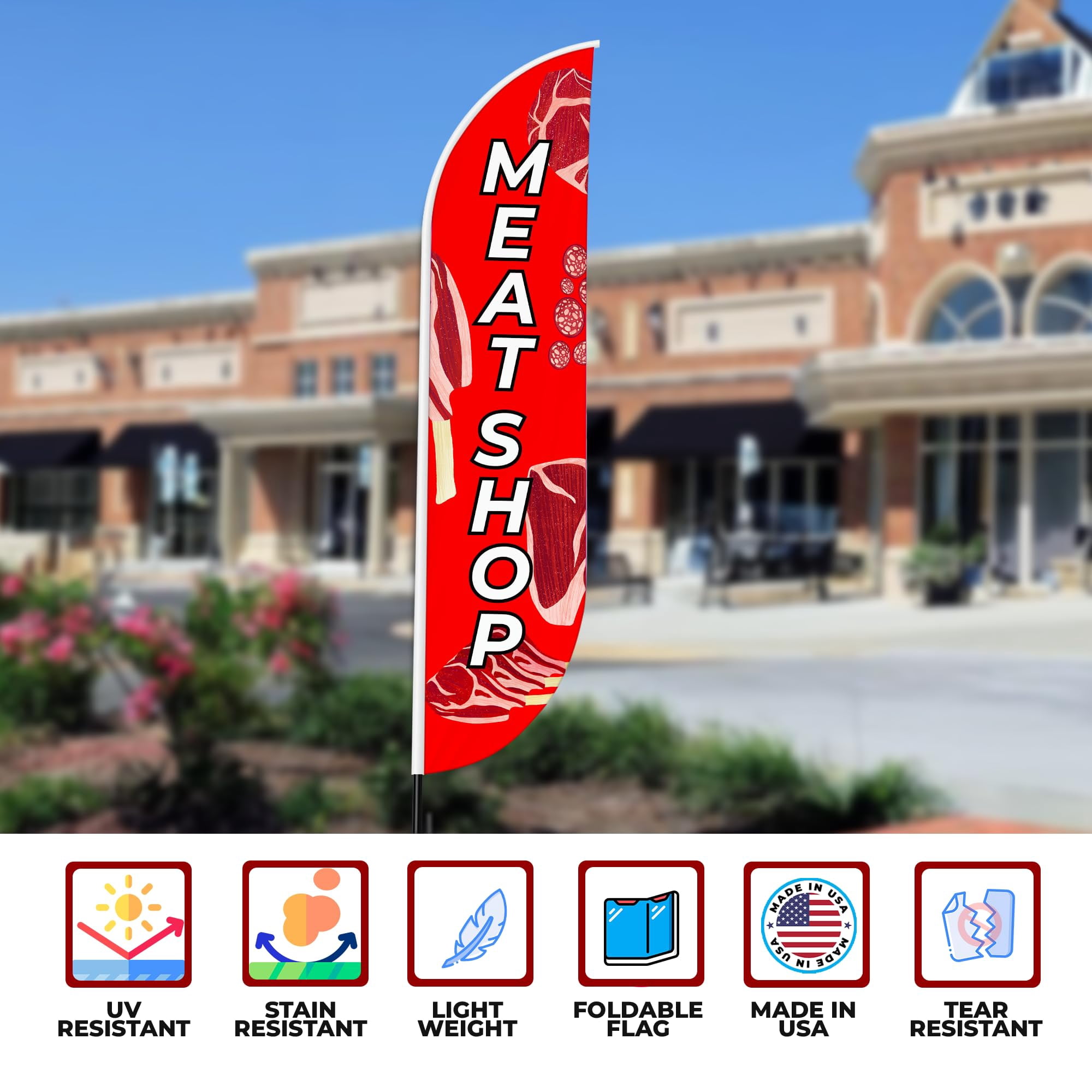 Meat Market 1 Sign feather flag for Outdoor by Mavis Printing | 11.5 FEET Long Polyester Outdoor Banner Flag for Easy Hang | HD Print Swooper IFlag Only to Advertise Meat Market 1 Business IFlag Only