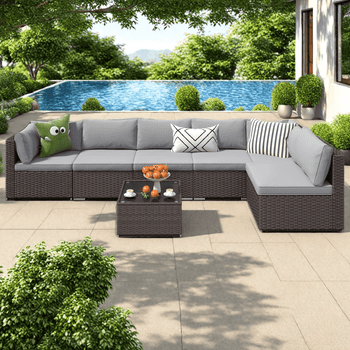 Patio Furniture Set Clearance Lofka Outdoor Sectional Furniture Sofa Set with Tempered Glass Table for Backyard, Garden & Poolside, Gray Cushions