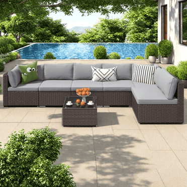 Patio Furniture Set Clearance Lofka Outdoor Sectional Furniture Sofa Set with Tempered Glass Table for Backyard, Garden & Poolside, Gray Cushions