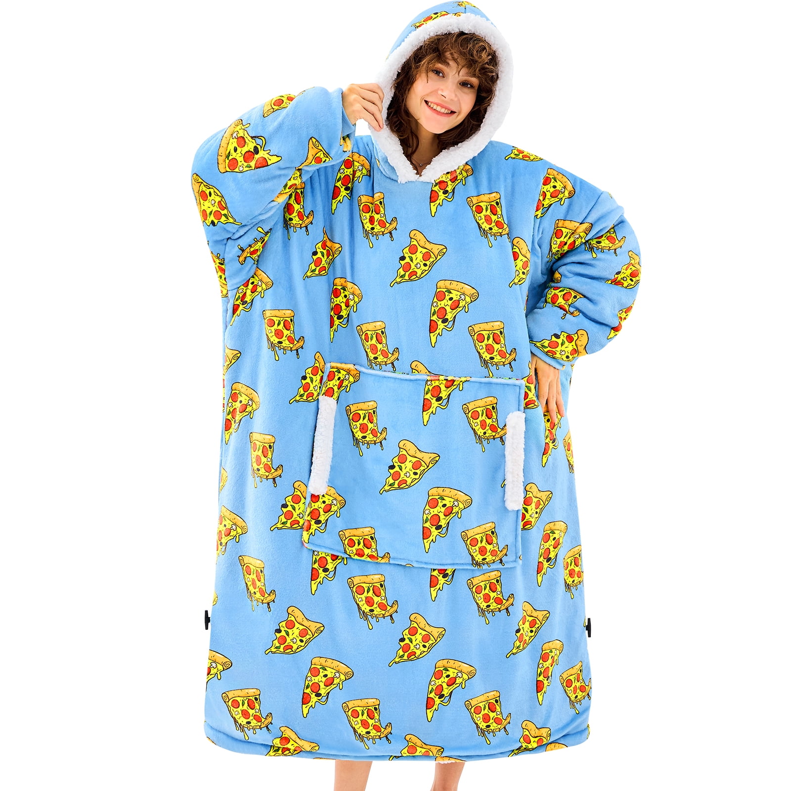 PMONPA Wearable Blanket Hoodie, Flannel Sherpa Fleece, Warm and Cozy Giant Sweatshirt for Adult, Woman and Man, One Size Fits All (Pizza)