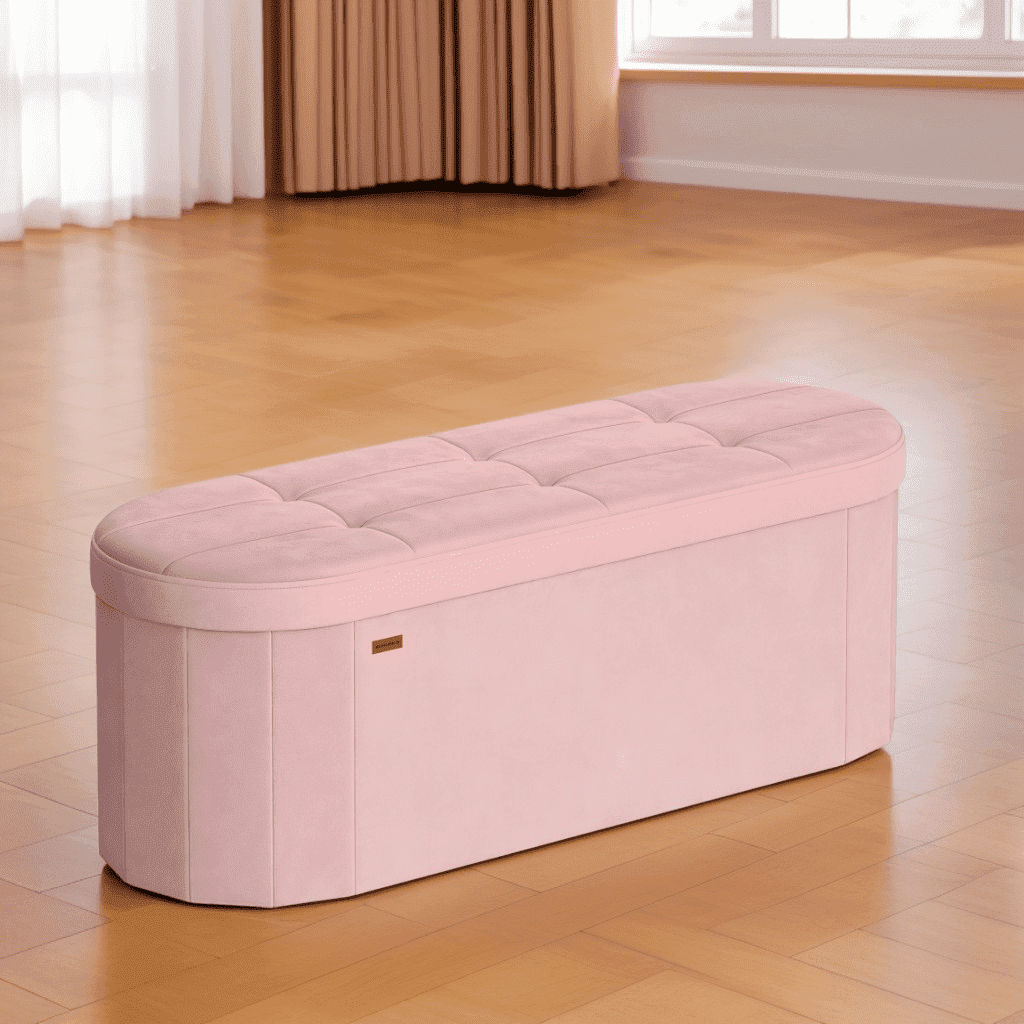 LEDREM 43" Foldable Storage Ottoman Bench, Velvet Fabric Ottoman with 2 Internal Dividers, Footrest for Bedroom Living Room