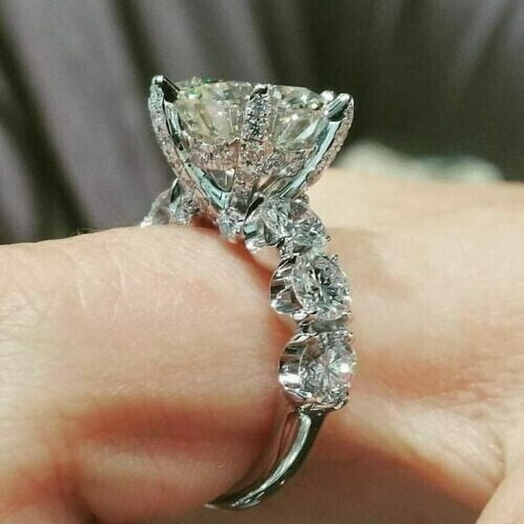 3Ct Round Cut Lab Created Diamond Cluster Engagement Ring 14K White Gold Plated Sterling Silver