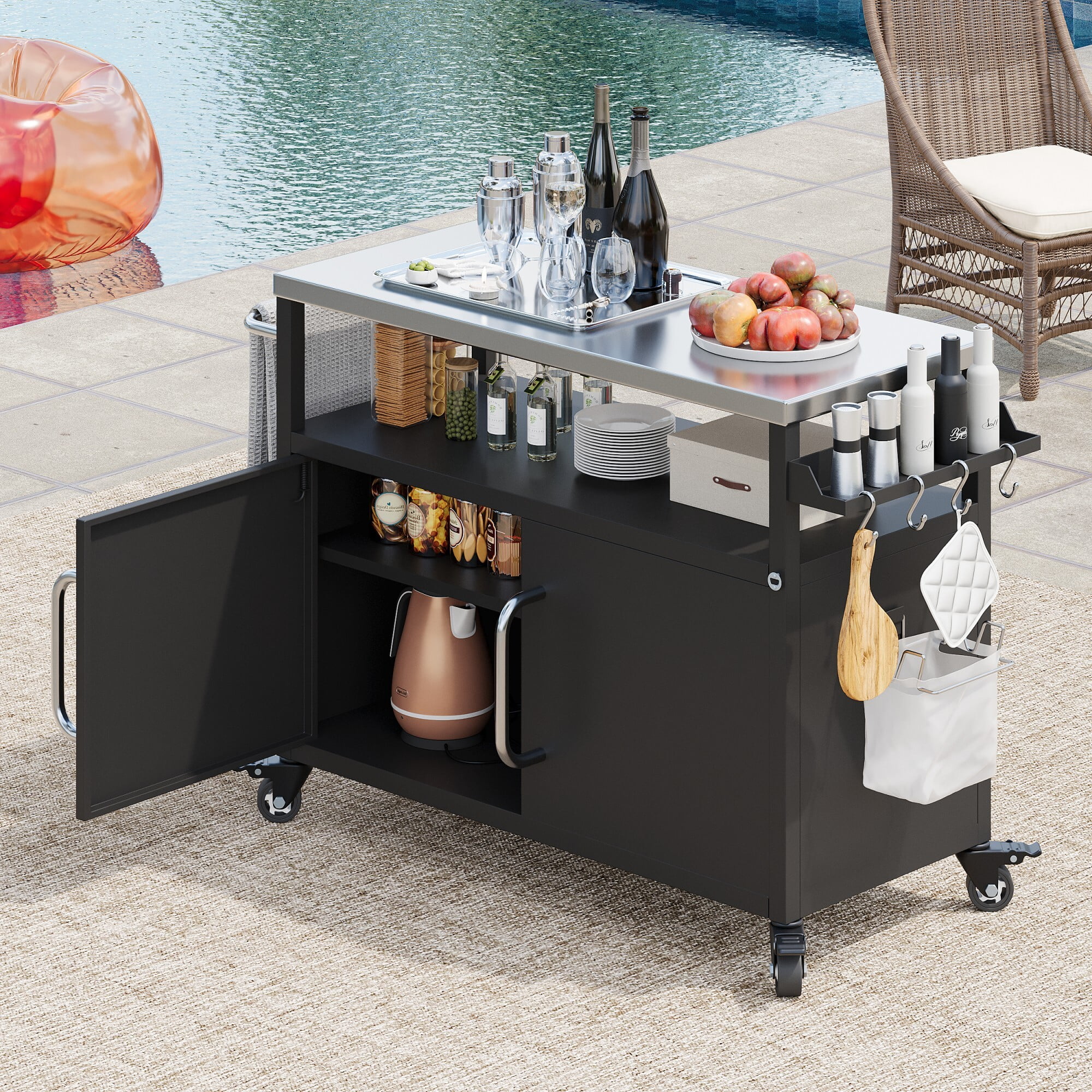 AENKYO Outdoor Metal Grill Cart Kitchen Island with Stainless Steel Tabletop, Storage and Wheels, Black