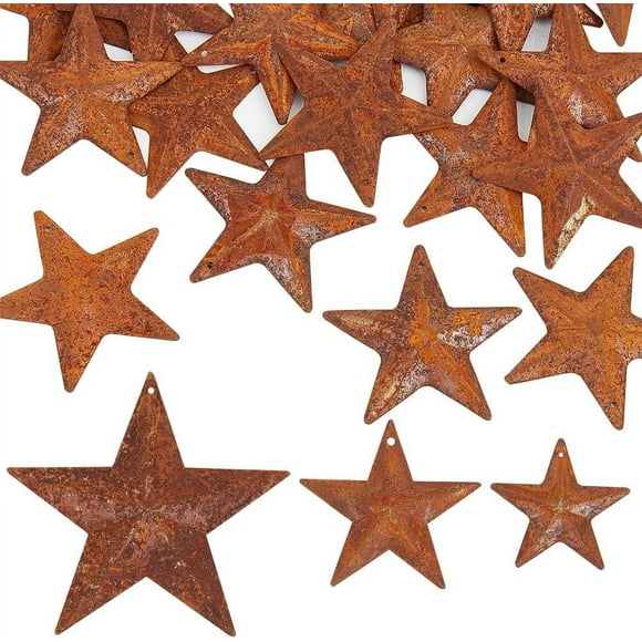 30PCS 3 Sizes Rusty Metal Barn Star 2" 2.5" 3.75" Vintage Primitives Country Decor Tin Steel Stars with Holes Rustic Ornament Original Retro Accents for Patriotic 4th of July Xmas