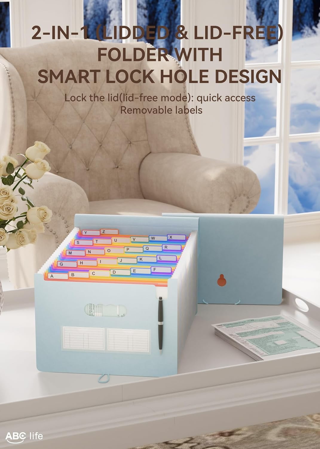 26 Pockets Accordian File Organizer Expanding File Folders, Portable Letter A4 Size Filing Box,Plastic Monthly Receipt Document Organizer with Colored Tabs (Light Blue)