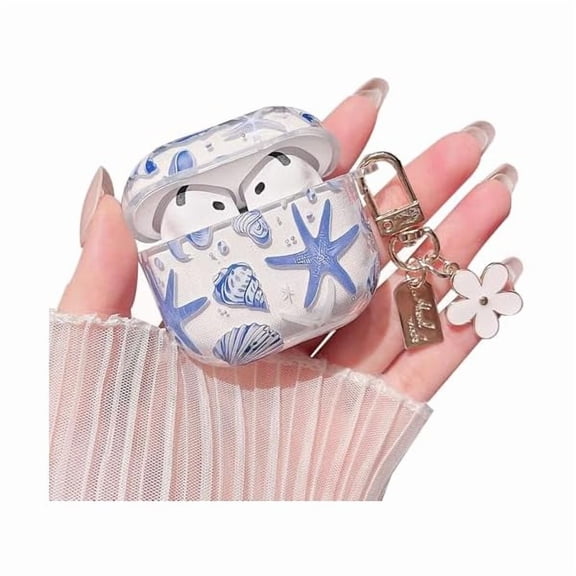wonima88 Compatible with AirPods 4 Clear Case,Cute Beautiful Seashell and Starfish Pattern Design with Keychain, Soft TPU Protective Shockproof Cover for AirPods 4 for Women Girls-Blue