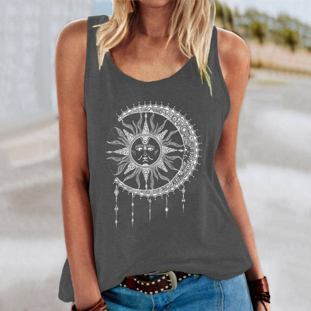Pntutb Moda Mujer Casual Luna Sol Letra Estampado Sin Mangas O-Cuello Tank top Blusa Pntutb Pntutb-1118