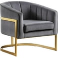 thumbnail image 1 of Meridian Furniture Carter Collection Fauteuil d'Appoint Moderne / Contemporain Rembourré en Velours à Dossier Tonneau avec Base en Acier Inoxydable Doré, Gris, 29 Pouces L x 27.5 Pouces P x 31 Pouces H, 1 of 2