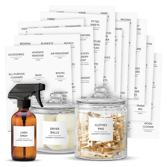 Talented Kitchen 144 Minimalist Laundry Room Labels - 2.5" x 2.5", Black on White Matte Vinyl - Organize Glass Jars & Spray Bottles, Water-Resistant Labels for Laundry Room Organization