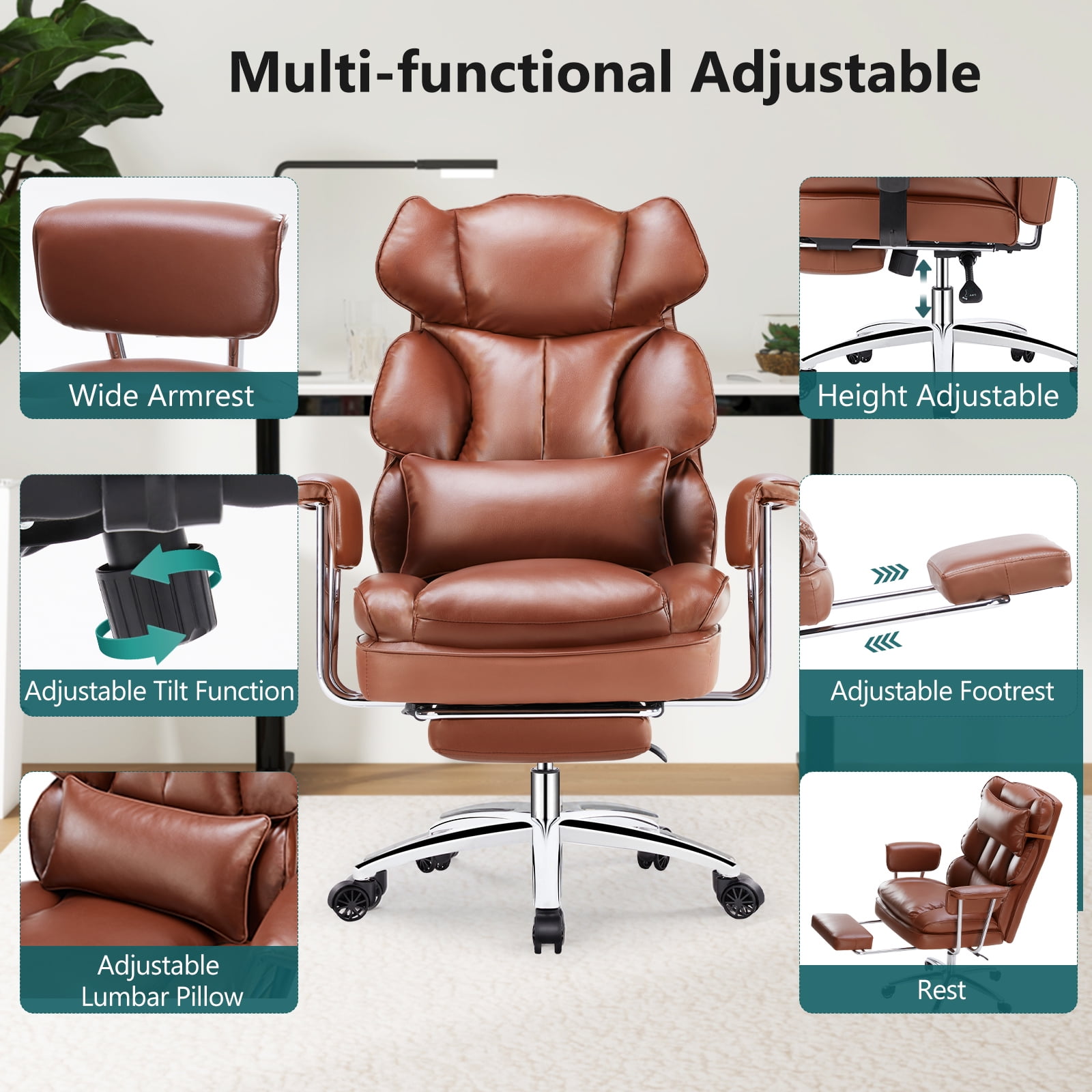 CONCETTA Executive Ergonomic Home Office Chair with Footrest & Lumbar Support, Big Tall High Back, PU Leather, Adjustable & Swivel, Brown