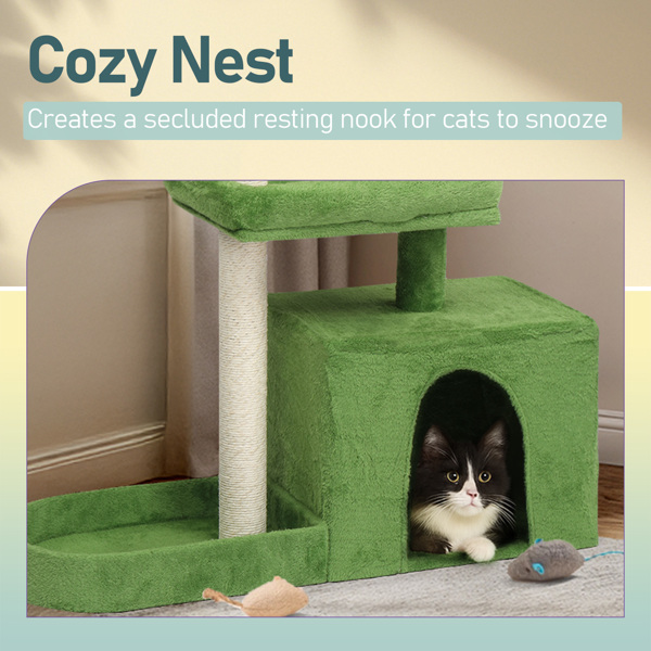 36in Cat Tree with Leaves, Multi-level Cat Tower with Cat Scratching Post, Cozy Cat Condo, Padded Beds, Dangling Ball for Kittens and Indoor Cats, Green