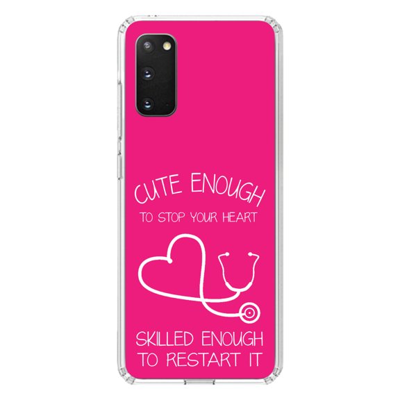 DistinctInk Clear Shockproof Hybrid Case for Galaxy S20 / S20 5G (6.2" Screen) - TPU Bumper, Acrylic Back, Tempered Glass Screen Protector - Hot Pink Nurse Stethoscope Heart - Support for Nurses