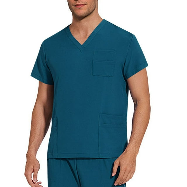 Bocqde Scrub Tops for Men Men's Solid Color Scrubs Tops Plus Size Short Sleeve V Neck Working Nurse Unifrom with Pockets