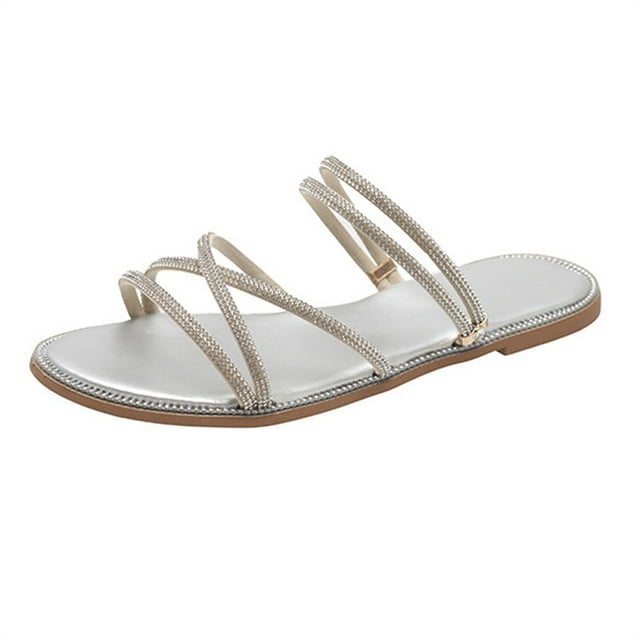 NOKIO Pantoufles Plates pour Femmes Décorées de Strass, Sangle Réglable Chaussures d'Été Décontractées Respirantes Semelle Antidérapante pour Intérieur Extérieur
