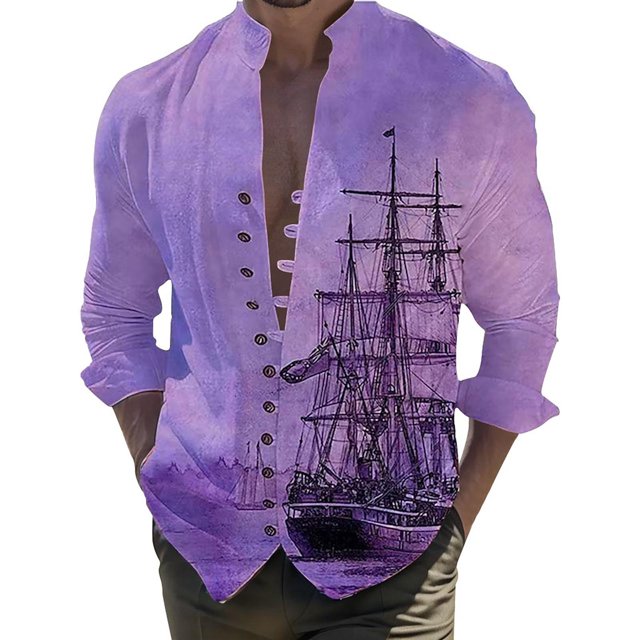 XDZJLR Chemise Homme Impression Numérique 3D Bateau Poche Boucle Col à Revers Manches Courtes