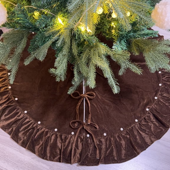 Velvet Christmas Tree Skirt with Ruffled Edge & Small Pearls, Rustic Vintage Large Xmas Tree Skirt Mat for Christmas Holiday Home Party Decorations (Brown,60 In)