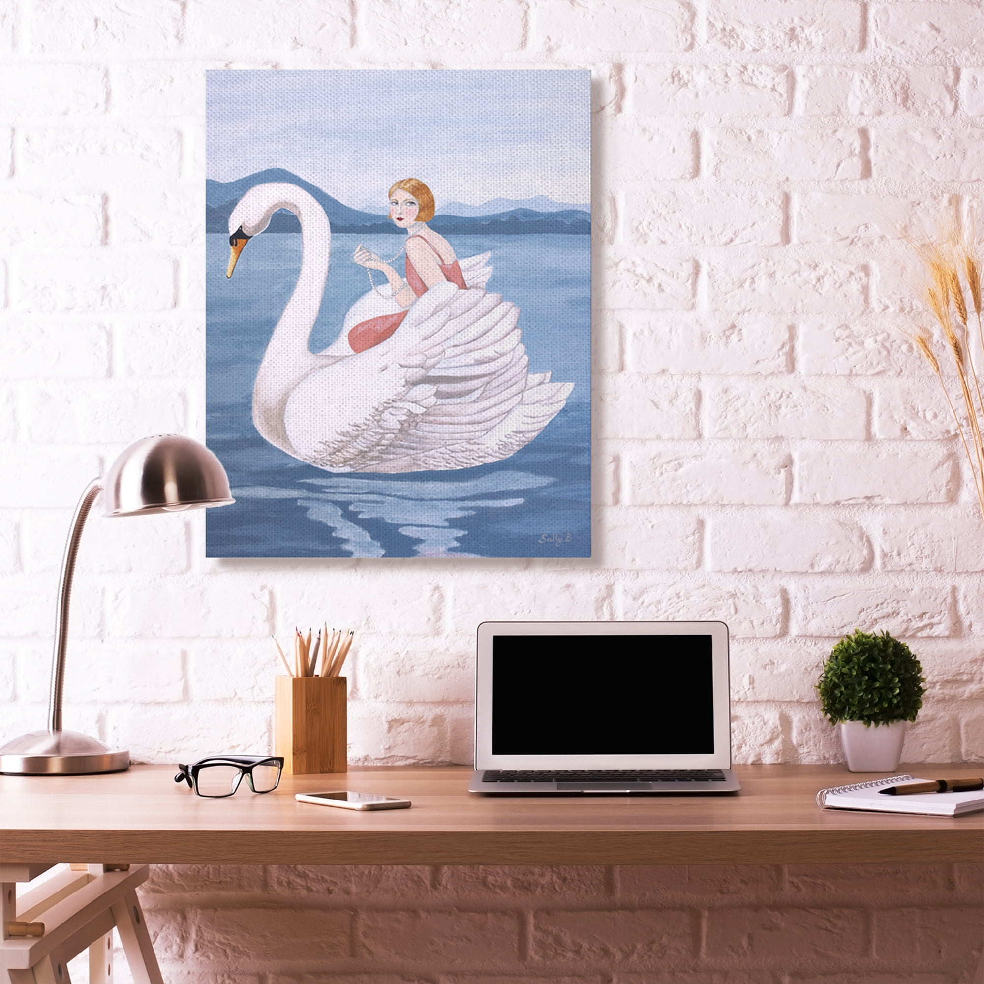Stupell Home Décor Woman and Swan Blue Water Animal Painting Canvas Wall Art by Sally B