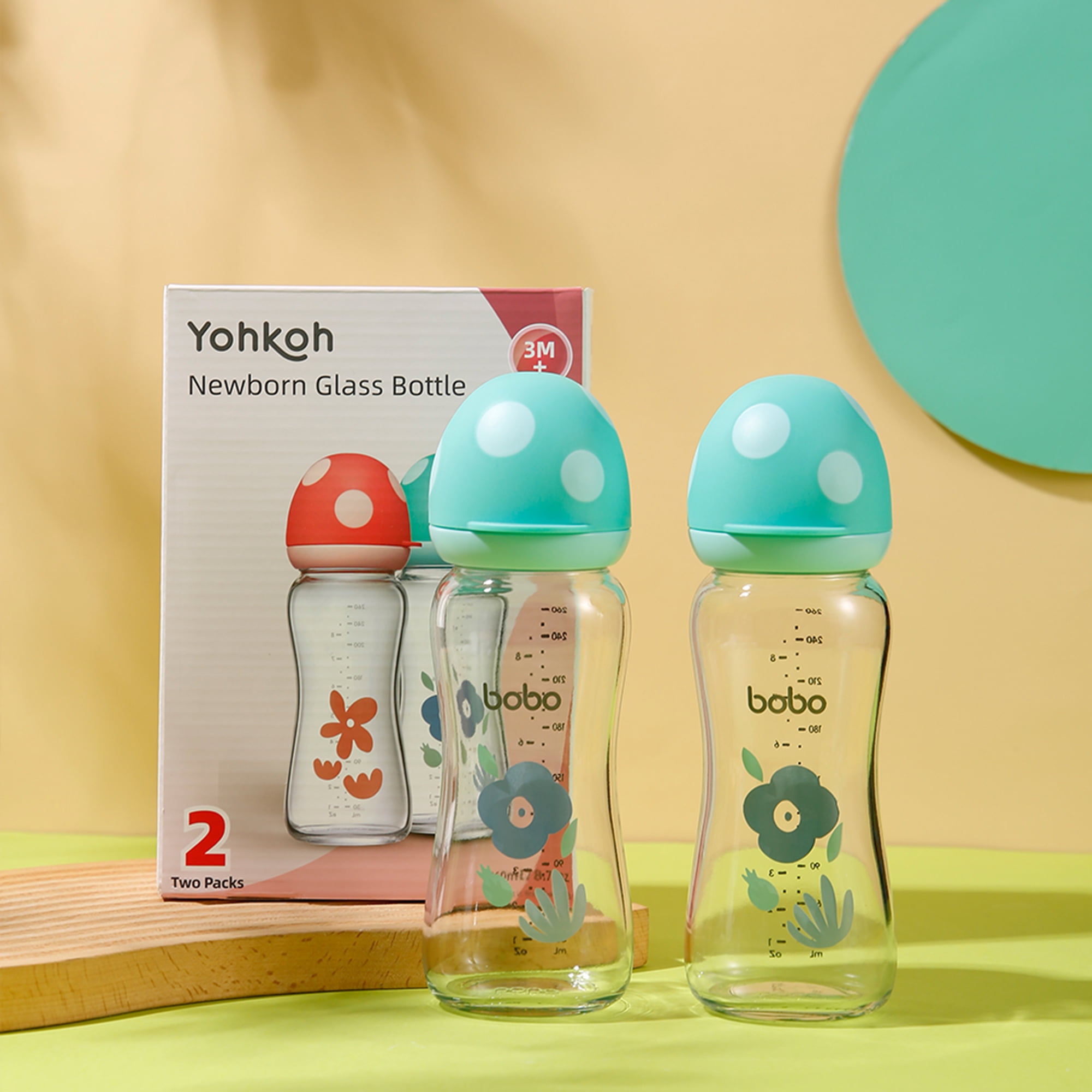 YOHKOH 8.8 oz/2Pk- Blue Set,Natural Anti Colic Glass Baby Bottles,for 3m+ Babies