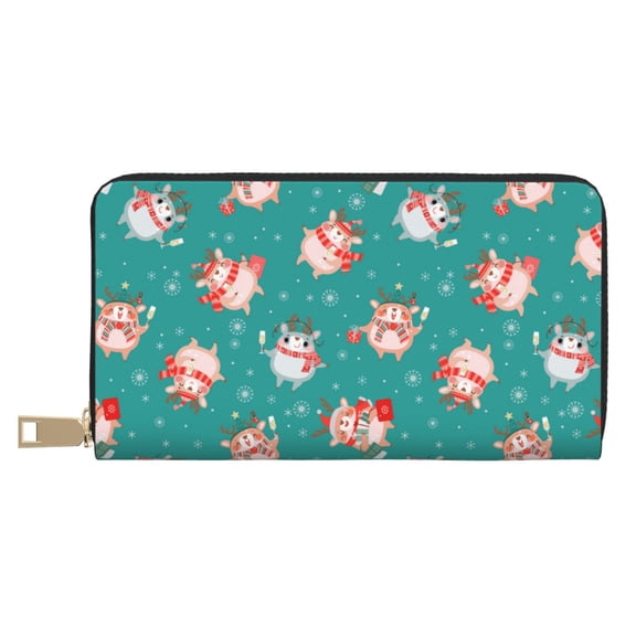 Leather Thin Slim Wallets for Women Men - Funny Christmas Deer Clutch Card Wallet for Women Men with Zipper