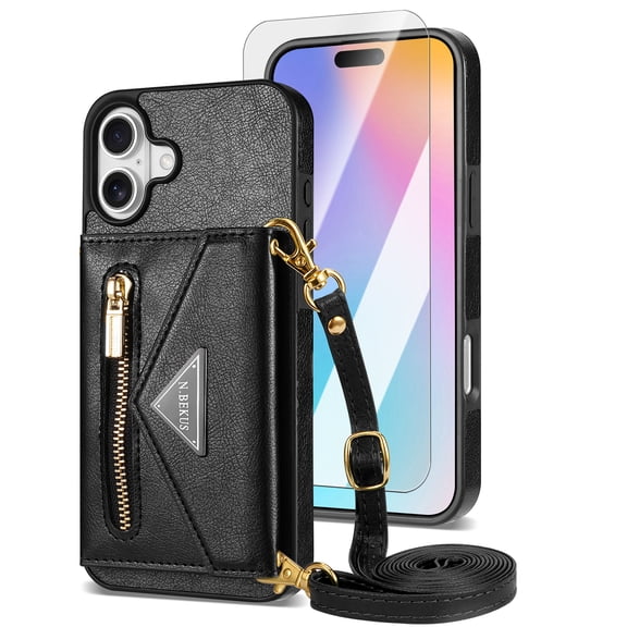 Dteck Zipper Wallet Case with Tempered Glass Screen Protector for iPhone 17,Shockproof Leather TPU Card Slots Wallet Case Kickstand Cover with Shoulder Strap for iPhone 17,Black