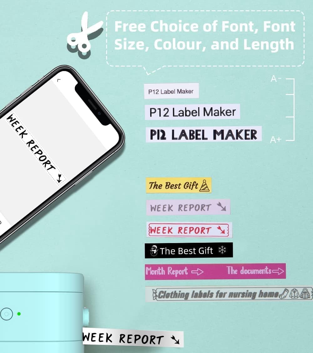 Phomemo  P12 Pro Smart Label Maker – Compact Bluetooth Label Printer with many Preloaded Templates, Small Portable Thermal Label maker for Travel, Office & Home Organization, USB-C Charging (Green)
