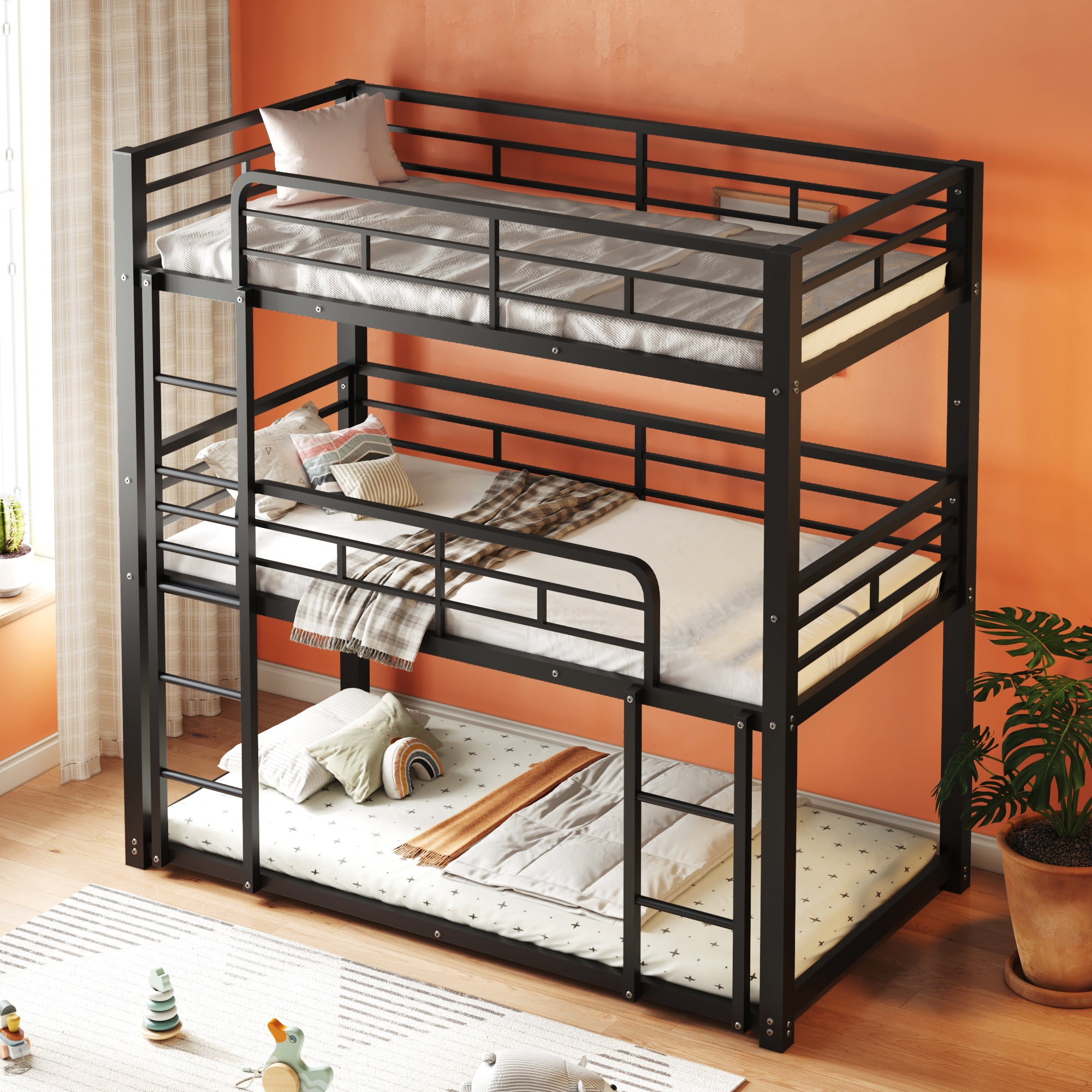 Euroco Metal Twin over Twin over Twin Bunk Bed, Triple Bed for Kids Room, 3 Twin Beds for Kids Teens Adults, Space-Saving, Black