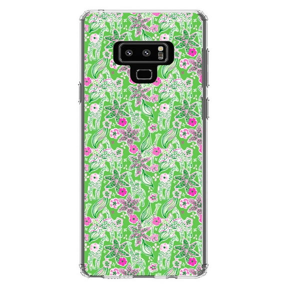 DistinctInk Clear Shockproof Hybrid Case for Samsung Galaxy Note 9 - TPU Bumper, Acrylic Back, Tempered Glass Screen Protector - Preppy Pattern - Pink & Green Flowers Floral
