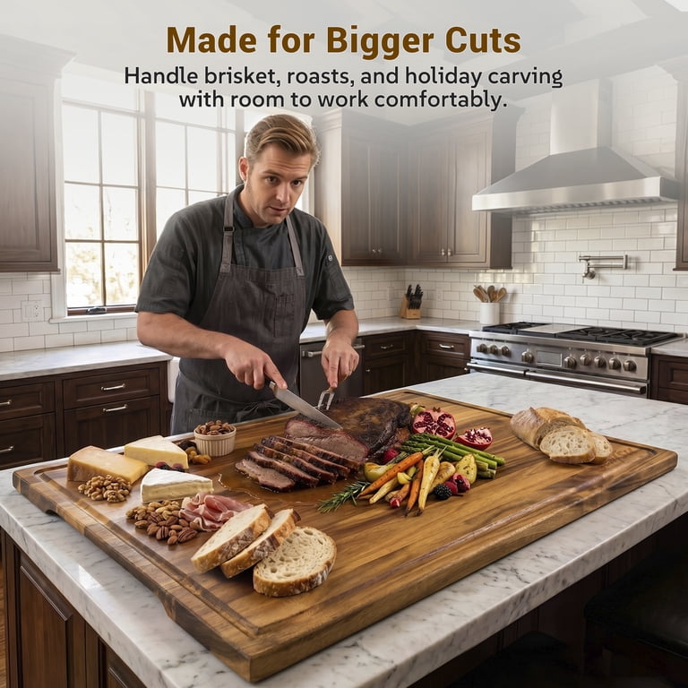 Sentsu, Extra Large Acacia Wood Cutting Board, 36x24, Handles