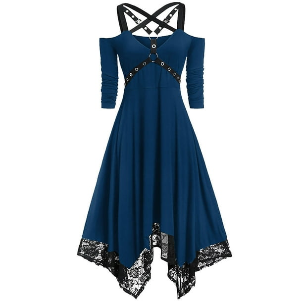 Installation jeg behøver Koncession yotyukeb Plus Size Dresses For Women Punk Plus Size Open Shoulder Lace  Spaghetti Strap Long Sleeve V-Neck Gothic Dress - Walmart.com