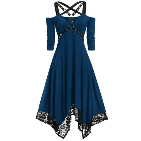 

Gothic Dress with Corset Strappy Cold Shoulder Lace Sheer Black Irregular Swing Dress Vintage Steampunk Clothing