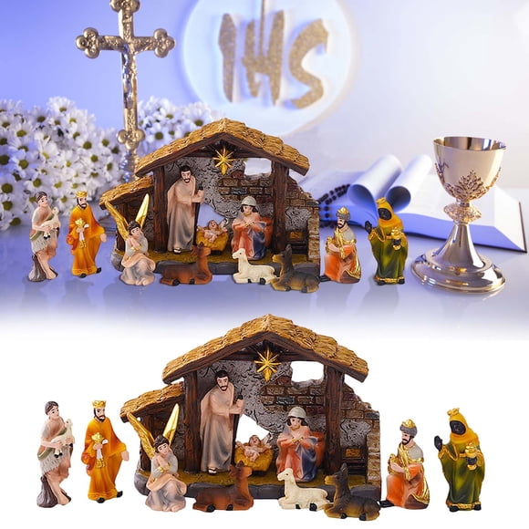 Rvkxad Religious Nativity Scene Ornaments, Hand Painted Resin Manger Set for Christmas Tabletop Decor, Christmas Crafts, Nativity Figurines