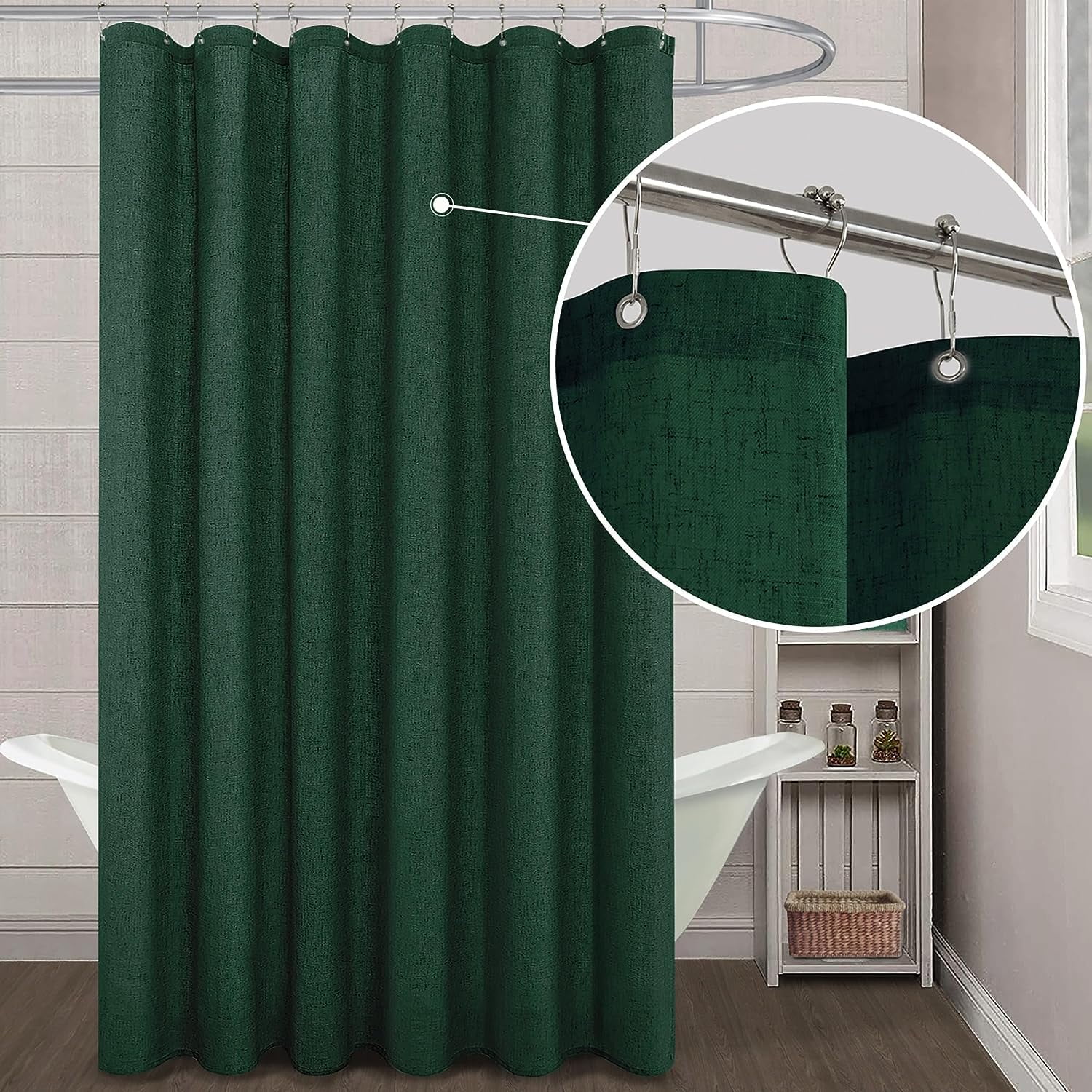 Hunter Green Shower Curtains for Bathroom Decor,Washbale Linen Fabric Boho Shower Curtain Sets