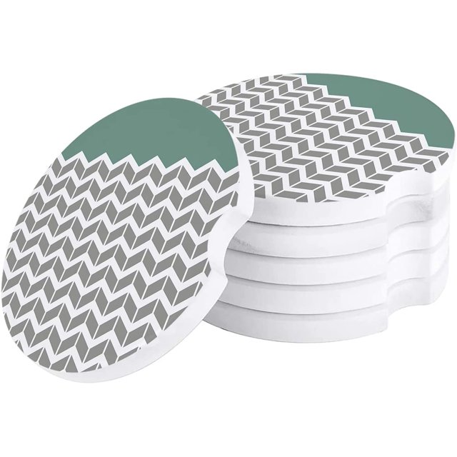 RYLABLUE Geometric Green Abstract Herringbone Pattern Set of 2 Car Coaster for Drinks, Absorbent Ceramic Stone Coasters Cup Mat with Cork Base for Home Kitchen Room Coffee Table Bar Decor