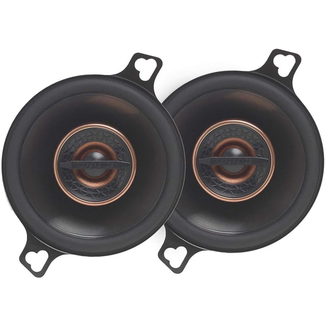 set de bocinas de 3-1/2" infinity, par coaxial negro vista frontal con drivers de 3.5" y tweeters concéntricos con aro cobre, montaje con orejetas de 3 puntos para tablero de auto; potencia 75 W PMPO / 25 W RMS, 85 Hz-21 kHz, 91 dB, 3 ohms; también suele usarse como bocinas auxiliares en puertas pequeñas.