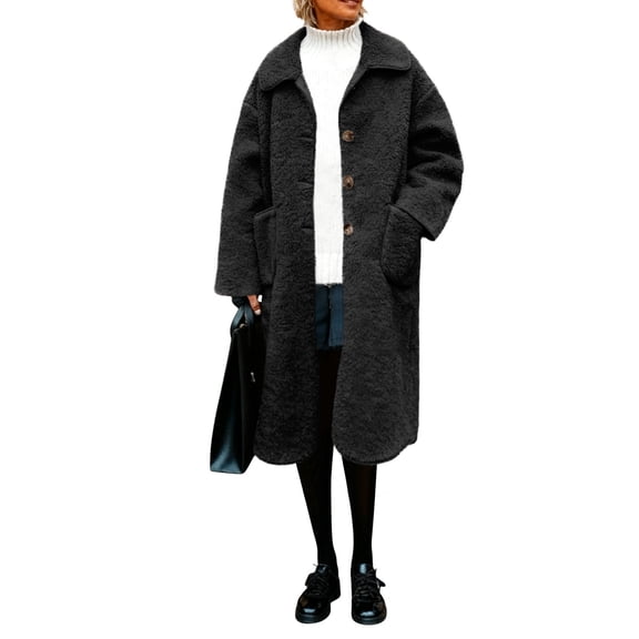SDNall Women's Long Plush Lapel Coat, Fleece Lined Trench Jacket with Solid Color for Winter Casual